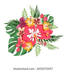 Vector illustration of a bouquet with tropical leaves and flowers, on a transparent background PNG