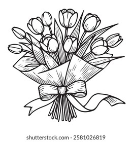 Vector illustration of a bouquet of tulips tied with a ribbon, simple linear drawing of flowers, isolated on a white background. for bouquet design.