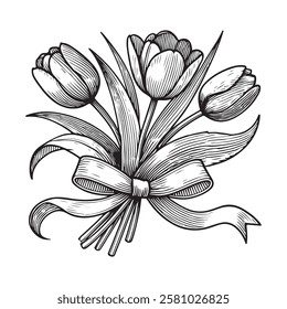 Vector illustration of a bouquet of tulips tied with a ribbon, simple linear drawing of flowers, isolated on a white background. for bouquet design.