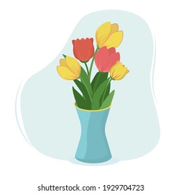 vector illustration of a bouquet of tulips in a vase. The theme of spring and holiday greetings