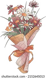 Vector illustration of a bouquet of wild flowers: chamomile, herbs, thistles in soft colors. Hand- drawn colorful illustration for romantic events design, card, poster, banner, flower shop decoration.