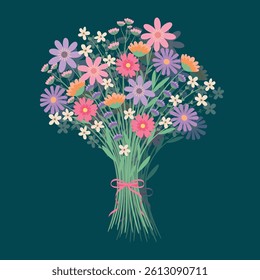 Vector illustration with bouquet of wild flowers on a dark green background. 