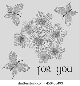 Vector illustration of a bouquet for you
Image bouquet of black and white style of pointillism for you in the middle of drawing flowers flying around seven three butterflies on a gray background