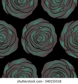 Vector illustration. Bouquets of brown and green roses on a black background. Seamless pattern.