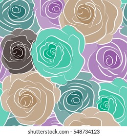 Vector illustration. Bouquets of brown, green and purple roses. Seamless pattern.