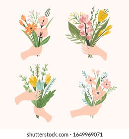 Vector illustration bouquets of flowers in hands. Design template for card, poster, flyer and other users