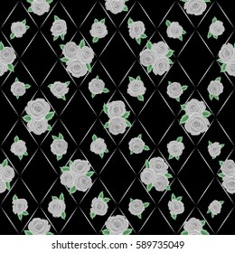 Vector illustration. Bouquets of gray roses on a black background. Seamless pattern.