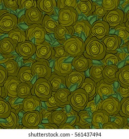 Vector illustration. Bouquets of green roses and green leaves. Seamless pattern.