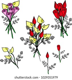 vector illustration. Bouquets of red and lilac roses, Koala, rose Bud and rose flower.