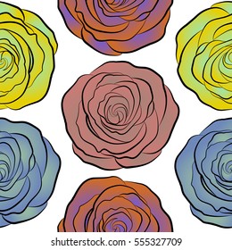 Vector illustration. Bouquets of yellow, neutral and violet roses on a white background. Seamless pattern.