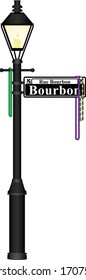 A Vector Illustration Of The Bourbon Street Lamp Post Street Sign In New Orleans With Mardi Gras Beads On It Isolated On A White Background