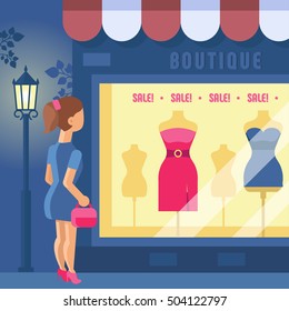 Vector illustration of boutique. Girl looks at the shop window. Store building with a showcase. Clothing shop. Night city, street light. Trend modern flat pseudo volume style.