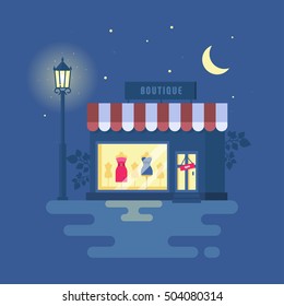 Vector illustration of boutique. Store building with a showcase. clothing shop. Night city, street light, starry sky. Trend modern flat pseudo volume style.