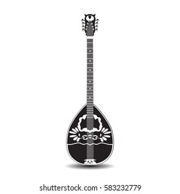 Vector illustration of bouzouki isolated on white background. Greek folk musical instrument in flat black and white style.