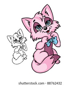  Vector Illustration of cute pink cat with a bow in color and outline; isolated on background.