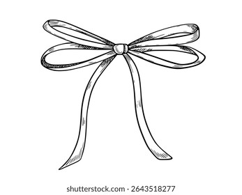 Ilustración vectorial de arco en estilo grabado dibujado a mano. Esquema de dibujo de cinta pintada con tintas negras para tarjetas de felicitación de boda, papelería o invitaciones de fiesta de bebé. Aguafuerte para el diseño del partido.