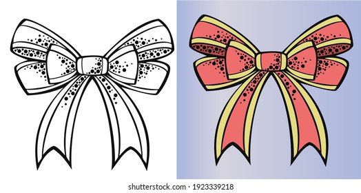 Vector illustration, bow with long ribbons in black and white and color