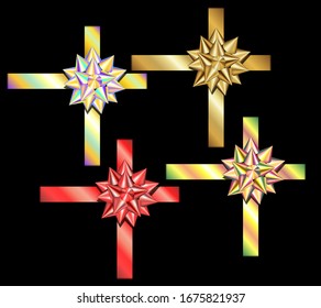 Vector illustration of a bow on a box set of holographic, gold and red decorations for gift decoration