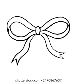 Vector illustration of a bow on a white background. A single element, a festive ribbon bow. Doodle drawing, black line, linear drawing. Theme of holiday, gifts and parties.