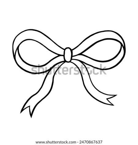 Vector illustration of a bow on a white background. A single element, a festive ribbon bow. Doodle drawing, black line, linear drawing. Theme of holiday, gifts and parties.