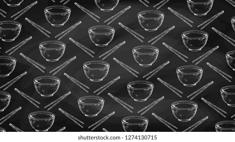 Vector Illustration of Bowl and Chopsticks Pattern Chalkboard Sketch Style