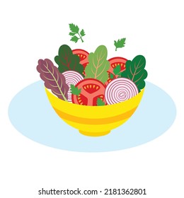 Vector illustration of bowl with colorful vegetable salad with tomatoes onions leafy collard greens parsley. Plant based healthy diet ingredients gut microbiome nutrients concept