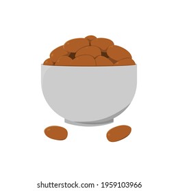 Vector illustration of bowl of dates fruit. flat design vector, isolated on white background.