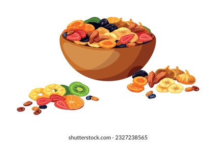 Ilustración vectorial de un tazón con deliciosas frutas secas aisladas en blanco. Frutas secas al estilo de las caricaturas: piña, kiwi, dátiles, albaricoques secos, ciruelas, pasas, naranjas, fresas, plátanos, higos