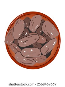 A vector illustration of a bowl filled with fresh dates, symbolizing tradition, nourishment, and festivity, perfect for themes of Ramadan, Islamic culture, healthy food, and Middle Eastern cuisine.