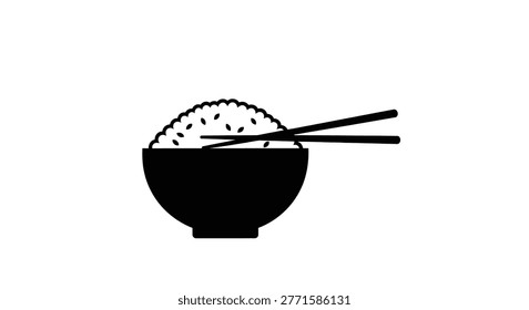 a vector illustration of a bowl filled with rice and chopsticks resting on top, depicted in black and white with a minimalist style. high-quality
