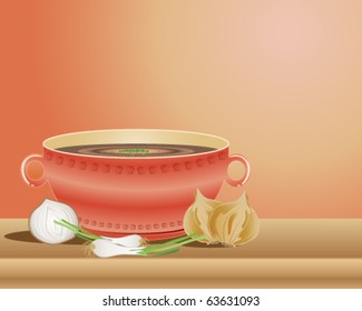 vector illustration of a bowl of french onion soup with onions and scallions in eps10 format