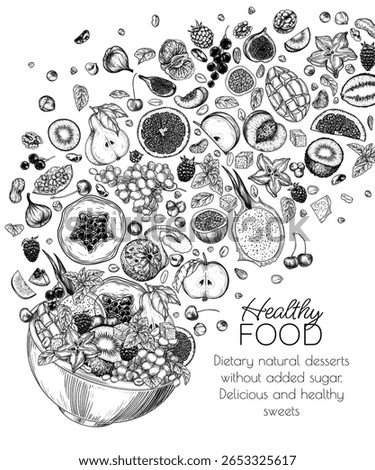 Vector illustration of a bowl of fruit salad with nuts and mint and ingredients in flight. Healthy food cafe brochure. Dessert label. Template with sweet diet meal