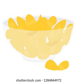Vector illustration bowl with golden crispy chips. Potato chips in plate, bowl isolated on white background
