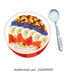 Vector illustration of a bowl of granola with spoon. Muesli, oatmeal, nuts, chia seeds, yogurt, fruits and berries. Brown, orange, beige, red, blue colors. Hand drawn cartoon flat vector illustration