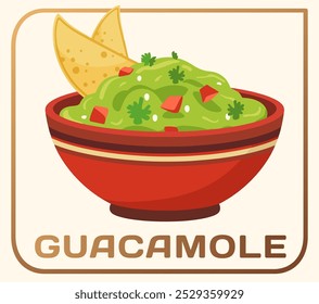 Vector illustration of bowl of guacamole, a classic Mexican dip made with fresh avocados, tomatoes, onions, and cilantro. Jalapeno peppers adds a spicy kick, garnish of fresh basil 