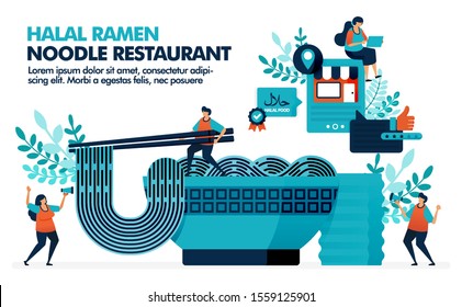 Vector illustration of bowl of halal ramen noodles with chopsticks. Location of halal japanese food restaurants in city. Review halal ramen and orintel cuisine. Noodles with glass of green tea