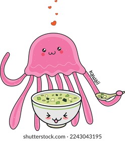 Vector illustration - bowl of kawaii-style fish soup and cute jellyfish