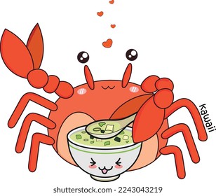 Vector illustration - bowl of kawaii-style fish soup and cute crab