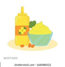Vector illustration of the bowl with mustard and the bottle with mustard oil. Food additive on a white background.