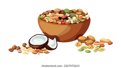 Ilustración vectorial de un bol con nueces y semillas. Almendras, cola, anacardos, nuez moscada, nuez de Brasil, pistacho, maní, macadamia, girasol, semilla de calabaza, avellana, nuez de pino, coco, nuez, castaño.