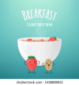 Vector illustration with bowl of oatmeal and smiling cartoon characters of oat cereal and strawberry. Template for banner, article about health, card or flyer, promotion or for design packaging.