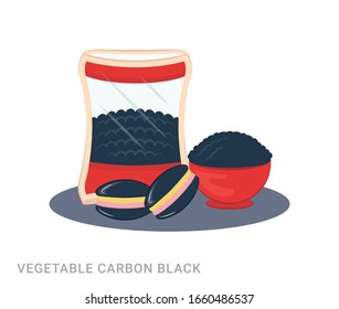 Vector illustration of a bowl and pack with vegetable carbon black. Food additive on a white background.