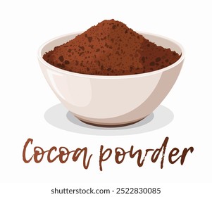 Vector illustration of bowl with rich, dark cocoa powder. Individual particles rendered, realistic and appetizing cartoon icon chocolate ingredient isolated on white background. 