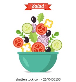 Vector illustration of bowl with salad. Flat style.