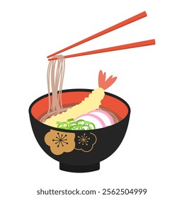 vector illustration of a bowl of Tempura Soba with chopsticks