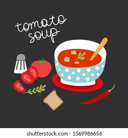 Vector illustration with bowl of tomato soup, a slice of bread, tomatoes and chili. Vector hand drawn ingredients. Colorful design for cards, banners, posters, printed materials. 