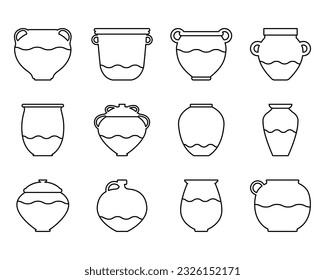 Vector illustration with bowl of various shapes. Set icon ceramic pot in linear style with elements. Editable stroke. Design element for ceramics studio logo. Icon clay products on pottery wheel