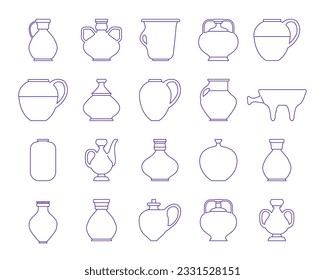Vector illustration with bowl of various shapes. Set ceramic pot icon in linear style. Different shapes of pots for oil and liquids. Editable stroke. Clay items on a potters wheel