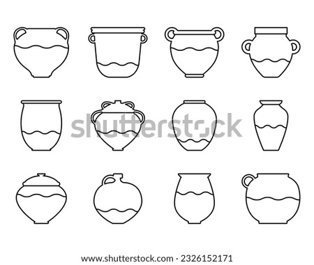 Vector illustration with bowl of various shapes. Set icon ceramic pot in linear style with elements. Editable stroke. Design element for ceramics studio logo. Icon clay products on pottery wheel Imagine de stoc © 