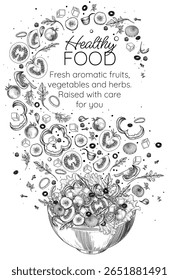 Ilustração vetorial de uma tigela de salada vegetal e ingredientes em voo. Folheto de café de comida saudável. Rótulo de comida vegetariana. Modelo de refeição dietética. Uma porção de nutrição adequada